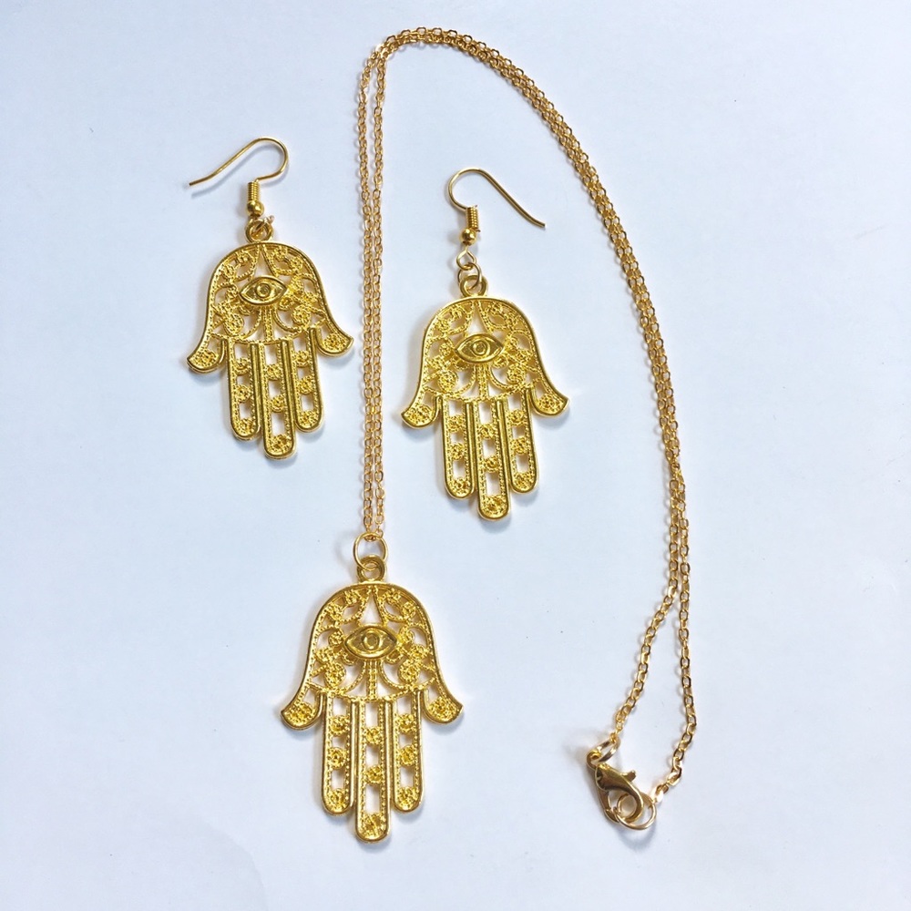 Hamsa Evil Eye Necklace & Earring Set - Picture 2 of 7